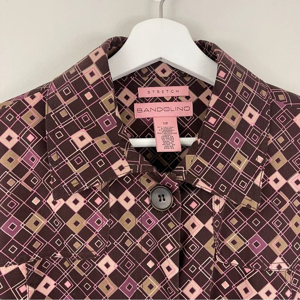Bandolino Stretch Cotton Trench Brown Pink Geometric Square Print Jacket